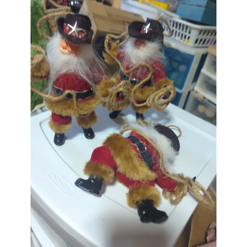 3 Western Cowboy Santa Claus Christmas Ornament Lasso Rope Rodeo  8 Inch